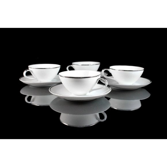 Harmony House Moderne Platinum Trim 4 Cups and Saucers & Creamer Japan No. 3545 - Picture 2 of 16